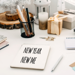 A photo of a desk with brainstorming notes for new years resolutions