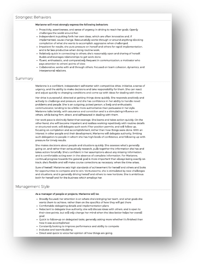 An example of the report generation by completing the Behavioral Assessment by Predictive Index